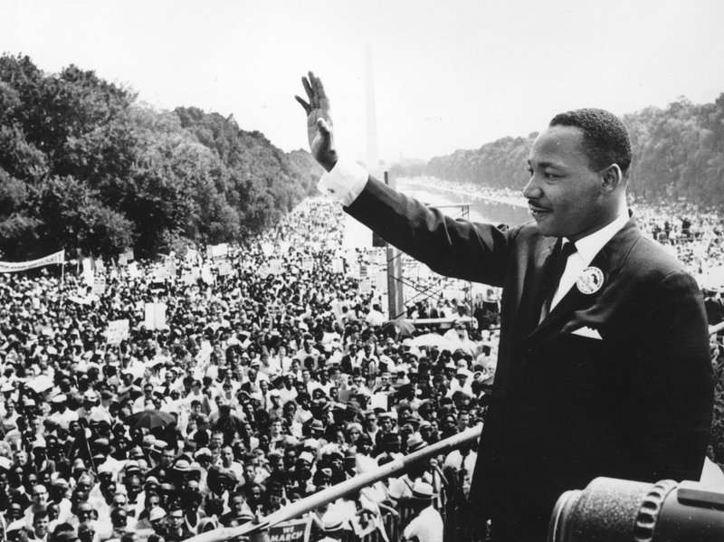 Black American civil rights leader Martin Luther King (1929 - 1968) addresses crowds during the March On Washington at the Lincoln Memorial, Washington DC, where he gave his 'I Have A Dream' speech.